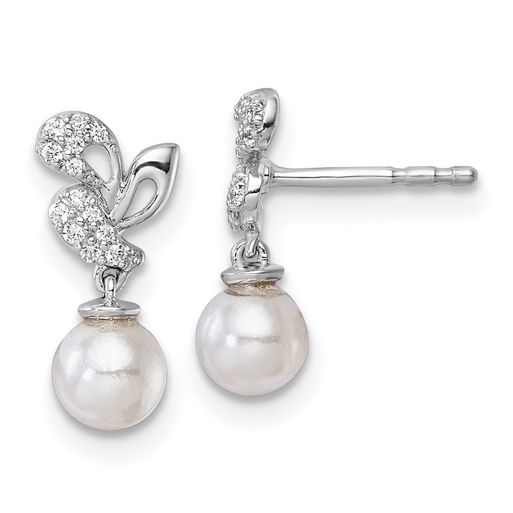 14K White Gold Polished Diamond and Pearl Dangle Post Earrings