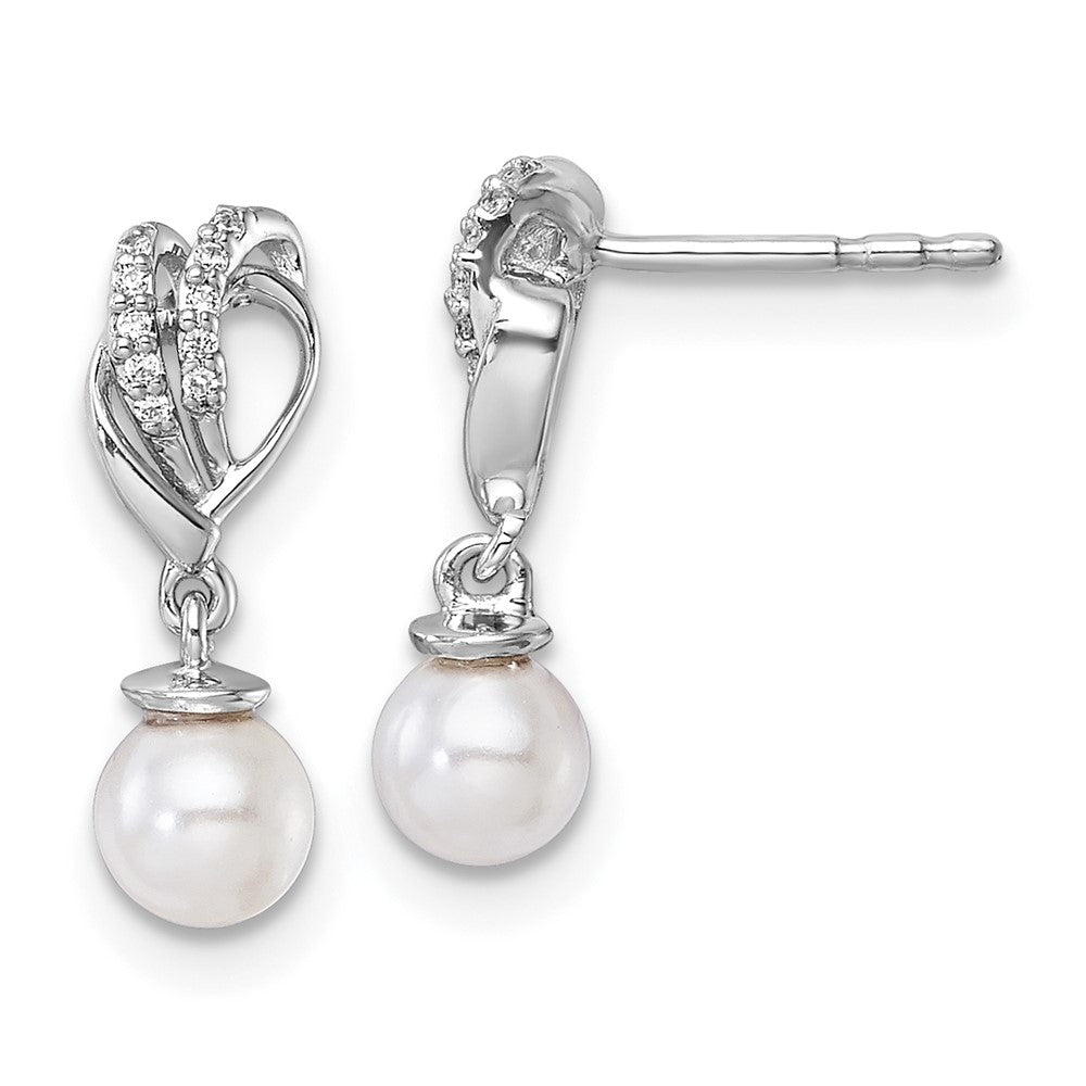 14K White Gold Polished Diamond and Pearl Dangle Post Earrings