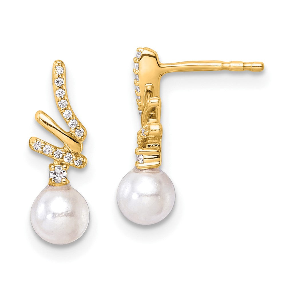 14K Polished Diamond and Pearl Drop Post Earrings