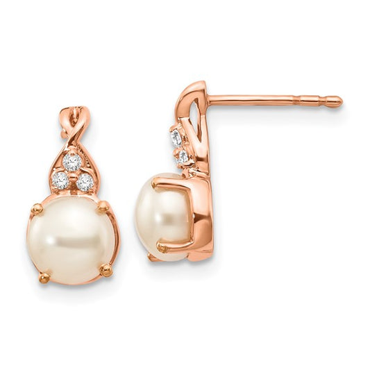 10K Rose Gold 6MM FWC Pearl Earrings 6 -.008ct rd dia Stone A Mel:F45