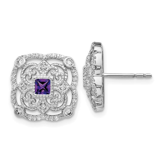 14k White Gold Diamond and Amethyst Fancy Earrings