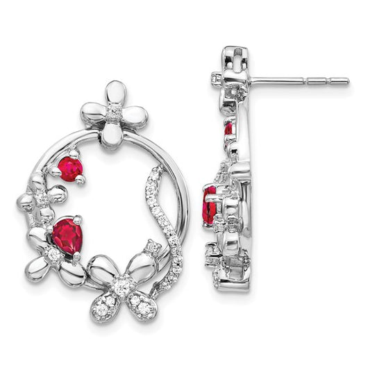 14k White Gold Diamond and Ruby Flower Earrings