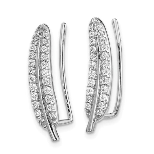 14k White Gold Diamond Feather Ear Climber Earrings