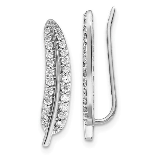 14k White Gold Diamond Feather Ear Climber Earrings