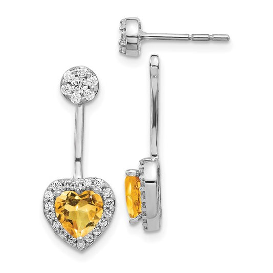 14k White Gold Diamond/Heart Citrine Front/Back Earrings