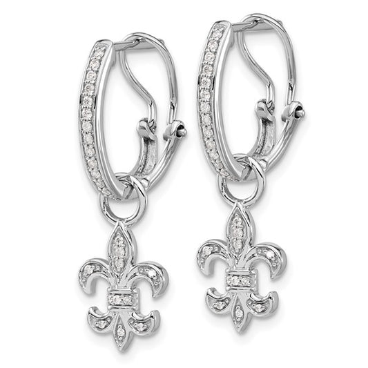 14k White Gold Diamond Fleur de Lis Dangle Omega Back Earrings