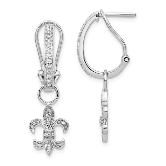 14k White Gold Diamond Fleur de Lis Dangle Omega Back Earrings