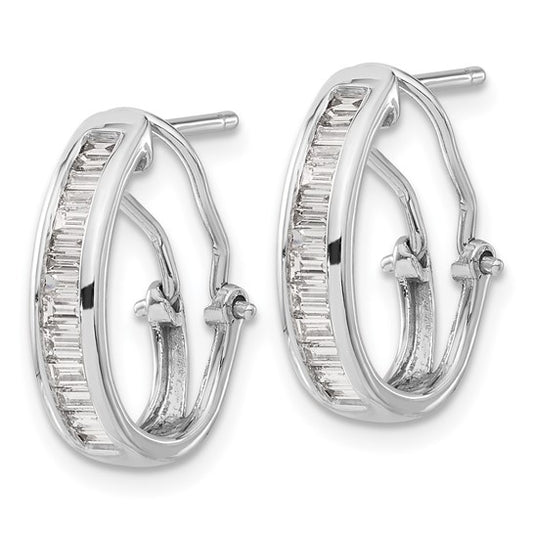 14k White Gold Baguette Diamond Omega Back Hoop Earrings