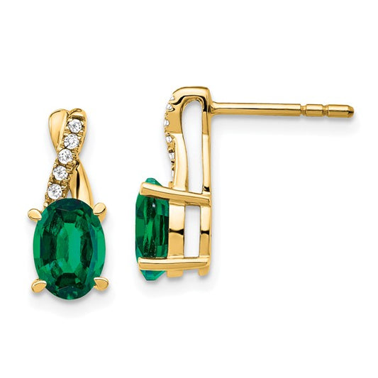 10k Yellow Gold Oval Created Emerald and Diamond Post Dangle Earrings