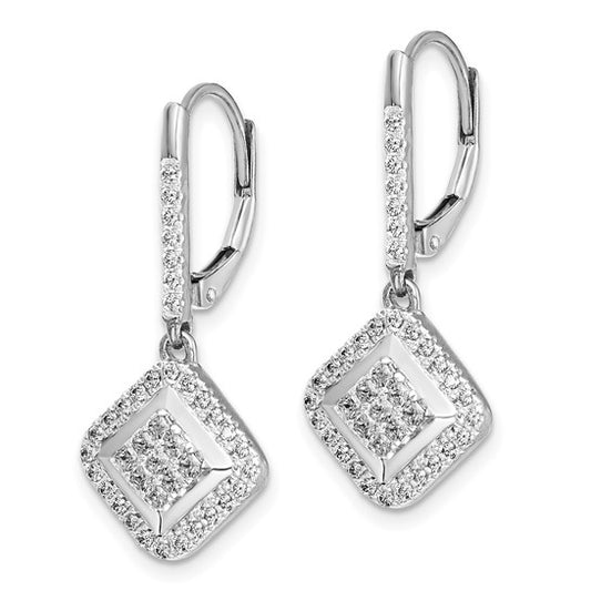 14k White Gold Diamond Cluster Leverback Earrings