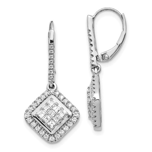 14k White Gold Diamond Cluster Leverback Earrings