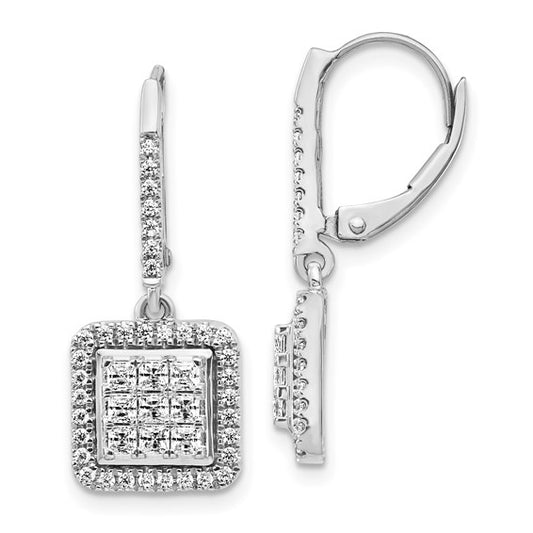 14k White Gold Diamond Cluster Leverback Earrings