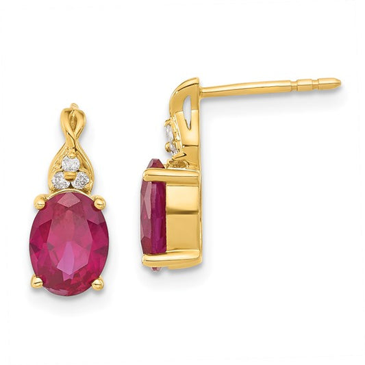 14ky Polished Oval Created Ruby and Diamond Post Earrings