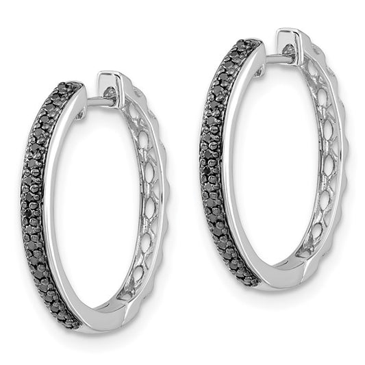 14k White Gold Black Diamond 2mm Hinged Hoop Earrings