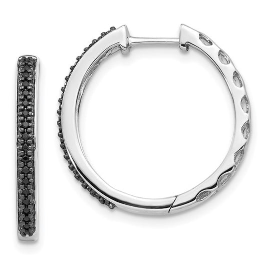14k White Gold Black Diamond 2mm Hinged Hoop Earrings