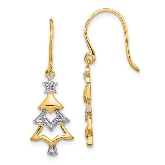 14k and Rhodium Diamond Christmas Tree Dangle Earrings