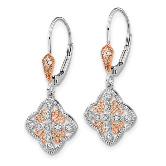 14k White Gold with Rose Rhodium Diamond Leverback Earrings