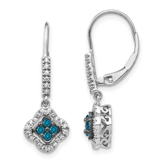 14k White Gold White and Blue Diamond Dangle Leverback Earrings