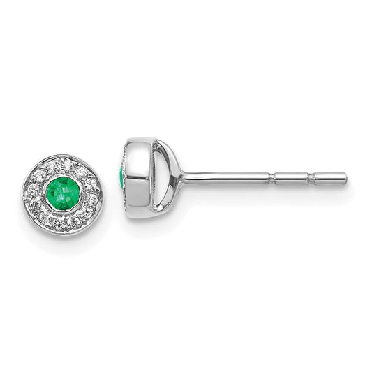 14k White Gold Diamond and Emerald Halo Post Earrings