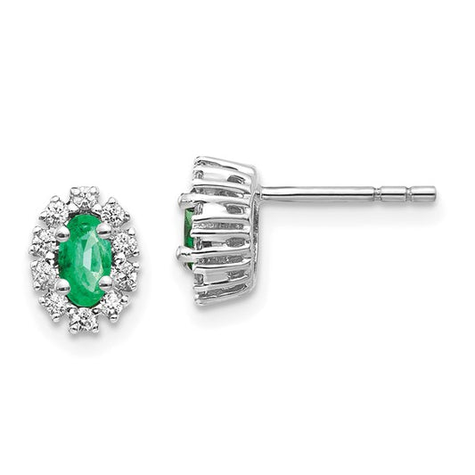 14k White Gold 1/5Ct Diamond and Emerald Oval Halo Earrings