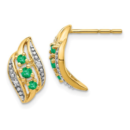 14k Gold with Emerald and Diamond Polished Post Earrings