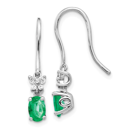 14k White Gold 1/8ct Diamond and Oval Emerald Dangle Earrings