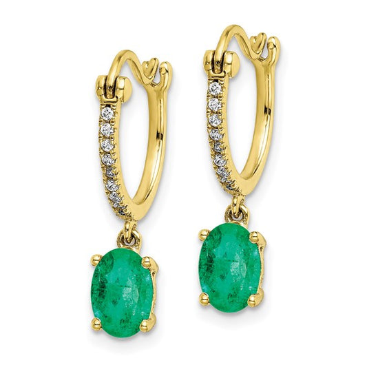 14k 1/10ct Diamond and Emerald Dangle Hoop Earrings