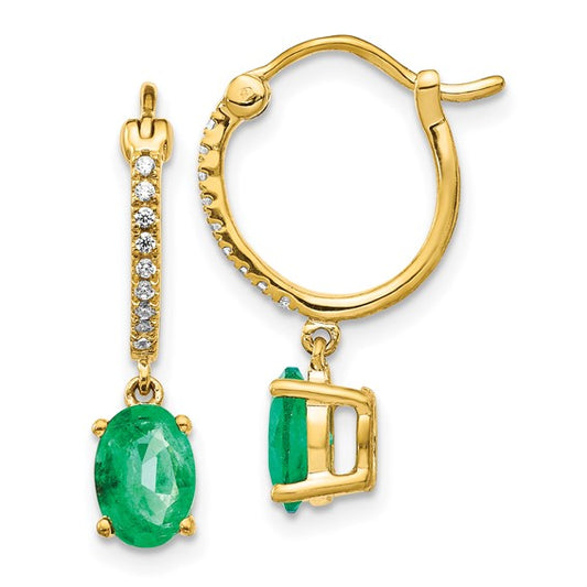 14k 1/10ct Diamond and Emerald Dangle Hoop Earrings
