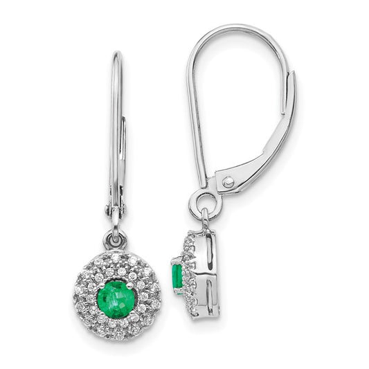 14k White Gold Diamond Halo Emerald Leverback Dangle Earrings
