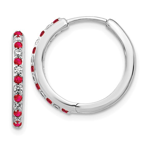 14K White Gold Lab Grown Diamond VS/SI GH, and Cr. Ruby Hinged Hoop Earring