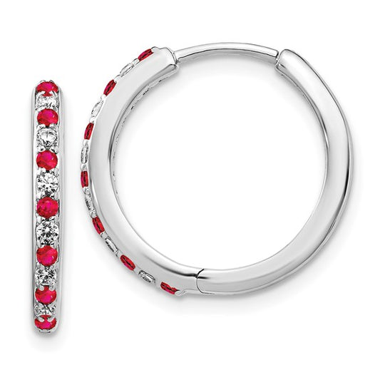 14K White Gold Lab Grown Diamond VS/SI GH, and Cr. Ruby Hinged Hoop Earring