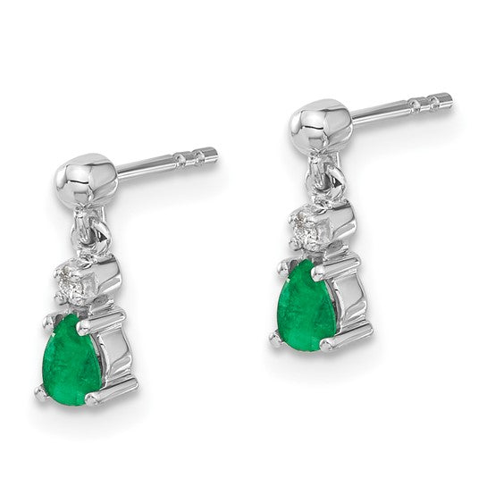 14k White Gold Emerald and Diamond Dangle Post Earrings