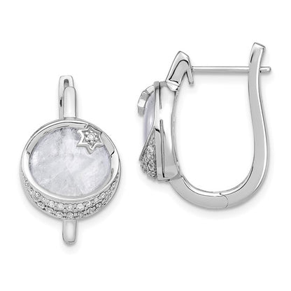 14k White Gold Dia. and Moonstone Moon and Star Hinged Hoop Earrings