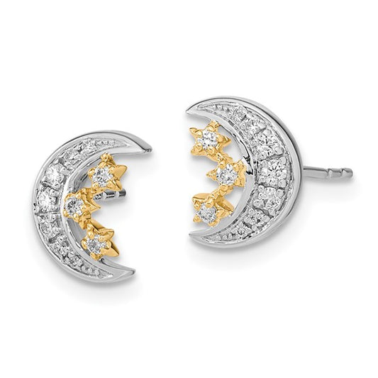 14k Two-tone Moon with 3Stars Diamond Post Earrings