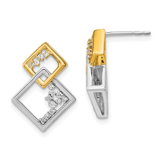 14k Two-tone Polished Double Square Diamond Post Earrings