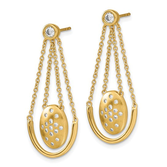 14k Satin/Polished Diamond Oval with Chain Dangle Post Earrings
