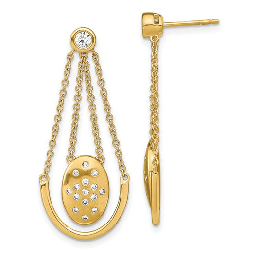 14k Satin/Polished Diamond Oval with Chain Dangle Post Earrings