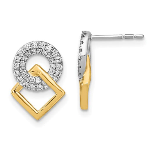 14k Two-tone Polished Diamond Circle and Square Post Earrings