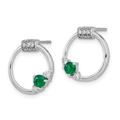 14k White Gold Diamond and Emerald Circle Post Earrings