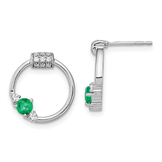 14k White Gold Diamond and Emerald Circle Post Earrings