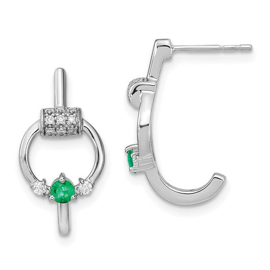 14k White Gold Diamond and Emerald Circle J-hoop Earrings