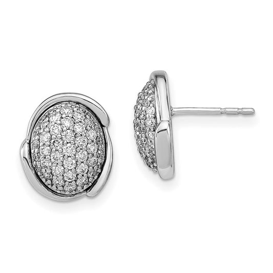 14k White Polished Oval Pave Diamond Post Earrings