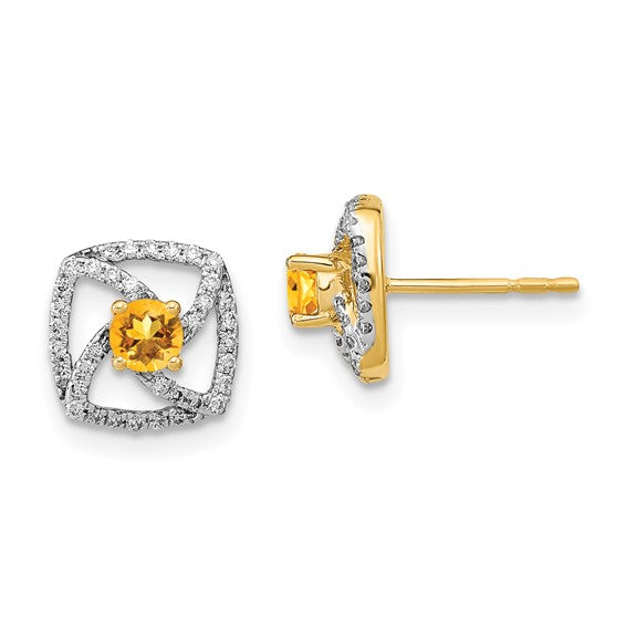 14k Polished Diamond and Citrine Square Post Earrings