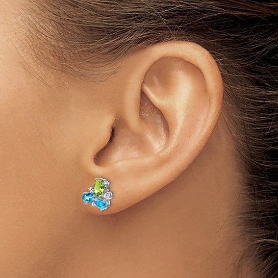 14k White Gold Blue Topaz/Peridot/Diamond Earrings