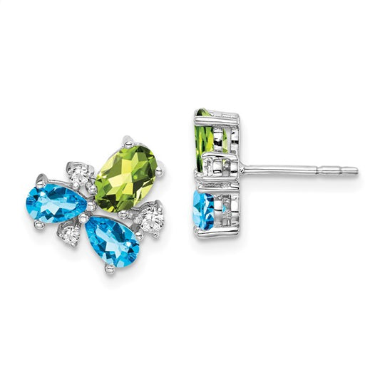 14k White Gold Blue Topaz/Peridot/Diamond Earrings