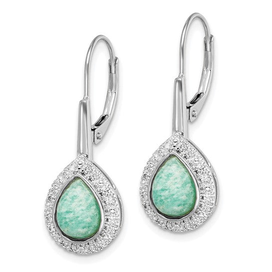 14k White Gold Pear Amazonite and Diamond Leverback Earrings
