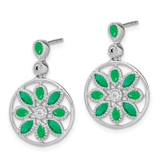 14k White Gold Emerald and Diamond Floral Dangle Earrings