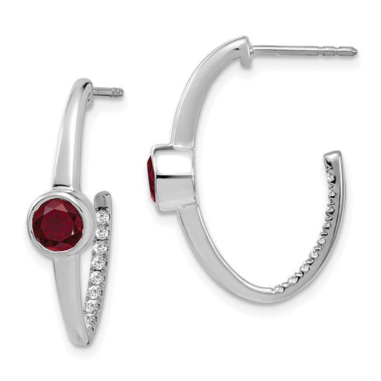14k White Gold Created Ruby and Diamond J-Hoop Earrings