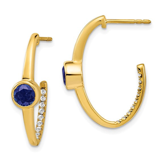 14k Created Sapphire and Diamond J-Hoop Earrings