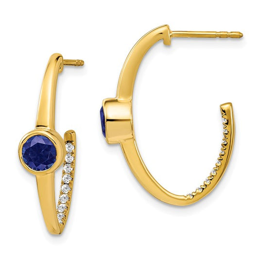 14k Created Sapphire and Diamond J-Hoop Earrings